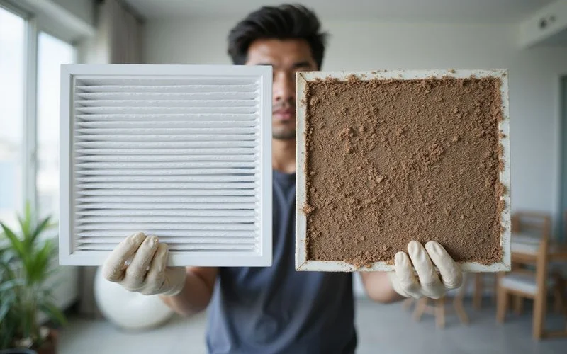 Perbandingan penapis aircond bersih dan kotor