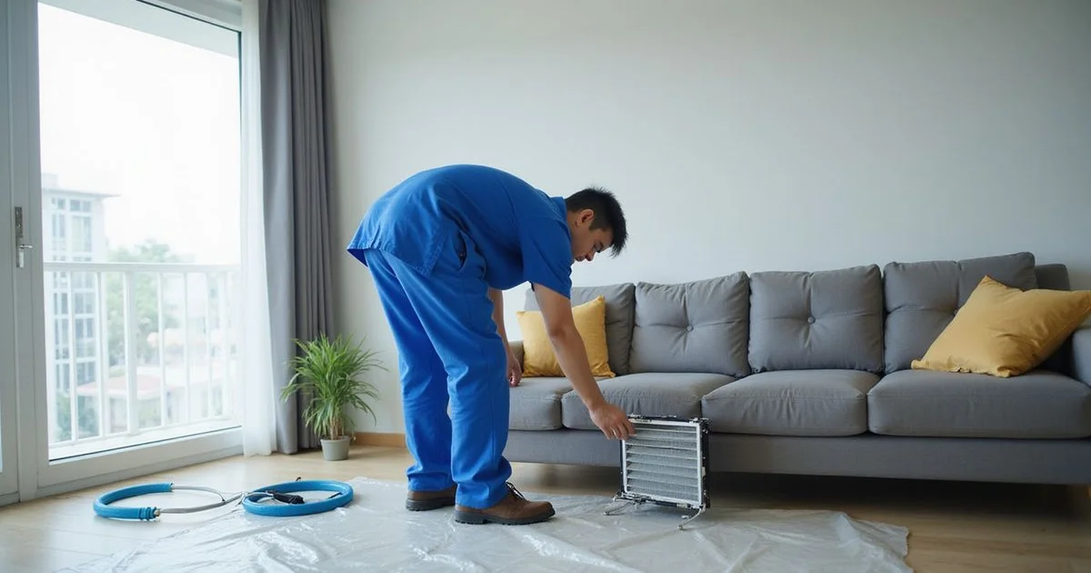 Juruteknik membersihkan penapis aircond