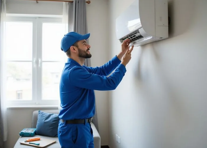 Juruteknik Encik Beku menservis aircond di rumah pelanggan